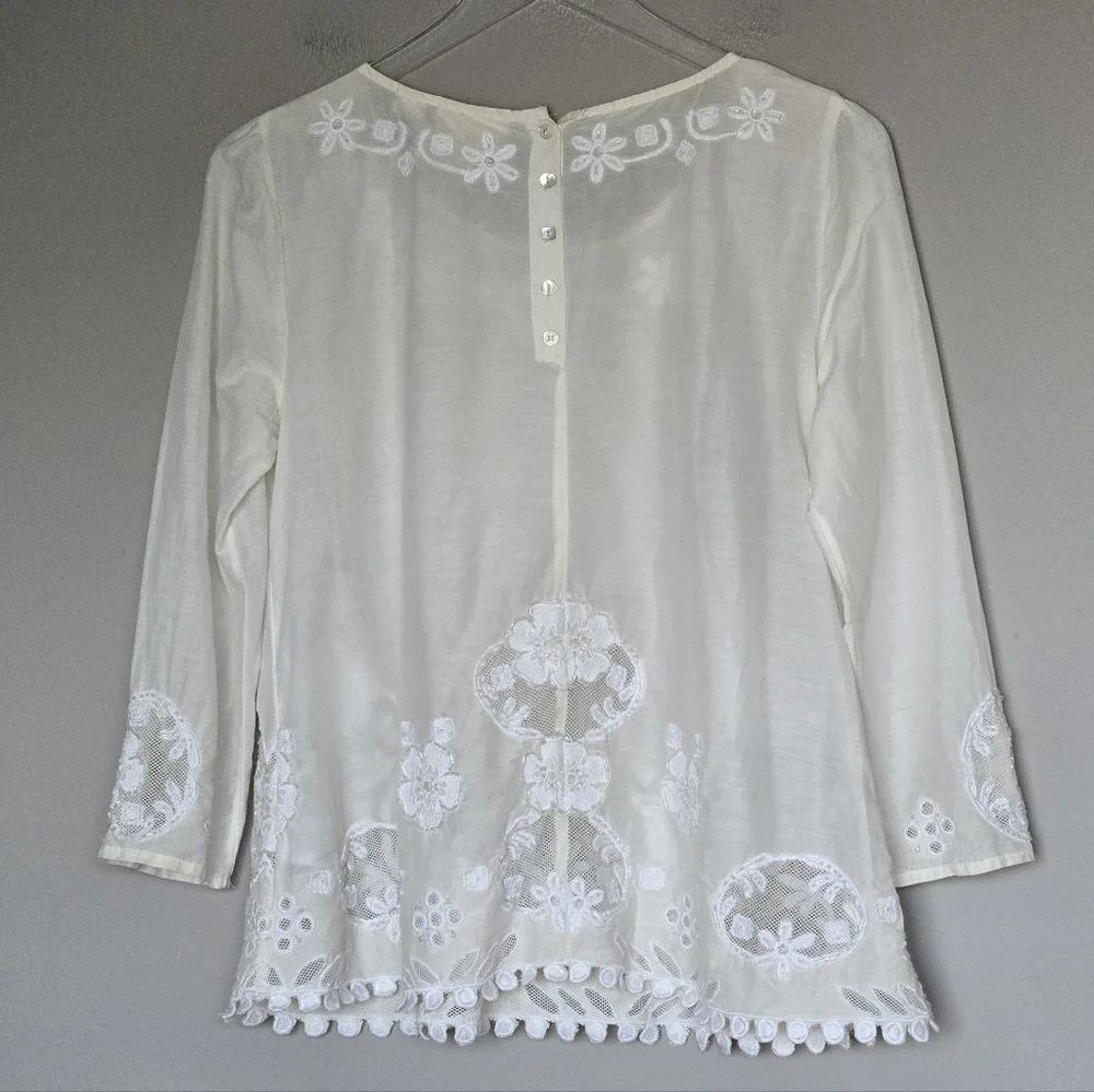 Anthropologie Maeve Cream Silk Embroidered Lace Women's Boho Feminine Fairy Top